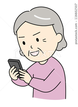 An old lady looking intently at her smartphone An old lady looking intently at her smartphone 116602507