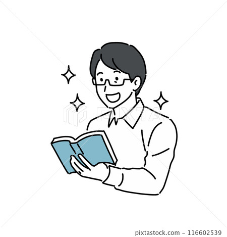 A man in his 40s wearing glasses happily reading a book 116602539