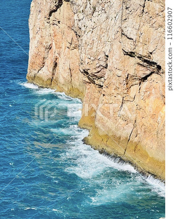 View of strong waves hitting the rock at Sagres, Algarve, Portugal. 116602907