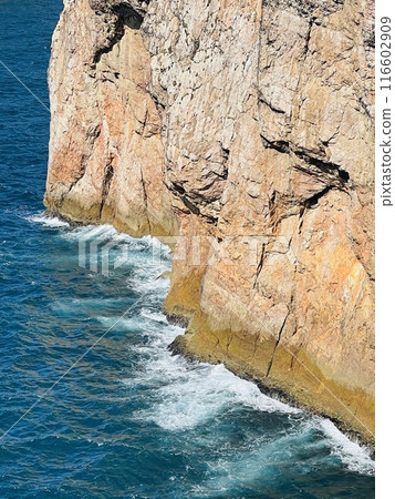 View of strong waves hitting the rock at Sagres, Algarve, Portugal. 116602909