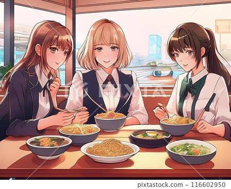 A scene of a businesswoman having fun eating noodles at a cafe for lunch 116602950