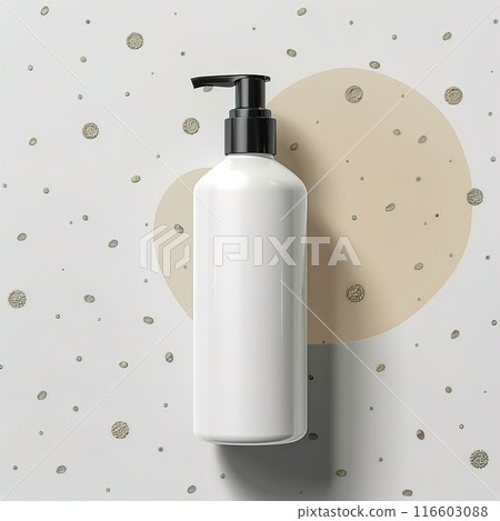 Simplistic white lotion dispenser with a black pump, a chic accessory for bath routines 116603088