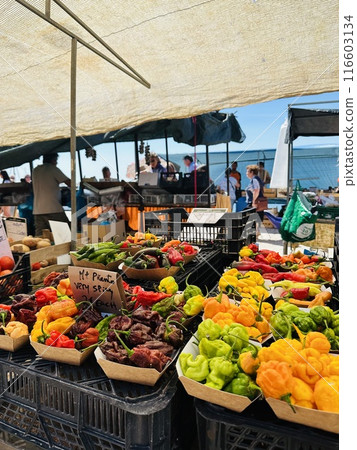 Close up vegetables for sale at the market in Olhao, Algarve. Close up vegetables for sale at the market in Olhao, Algarve. 116603134