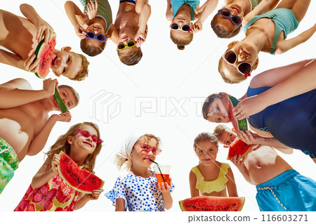 Summer collage. group of kids stands in circle all enjoying summer day, wearing swimsuits and sunglasses. Playful and refreshing atmosphere. 116603271