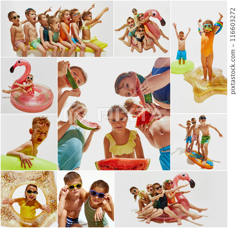 Summer collage. Little boys and girls having fun. Joyful summer activities. Children enjoying various fun summer moments. 116603272