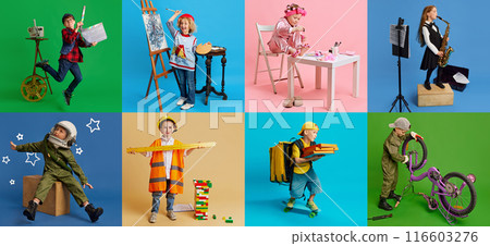 Vivid collage. Set of little boys and girls, children in uniforms of different professions posing against colorful background. 116603276
