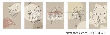 Card or poster set with one single line drawing of female face and abstract geometric shapes 116603290