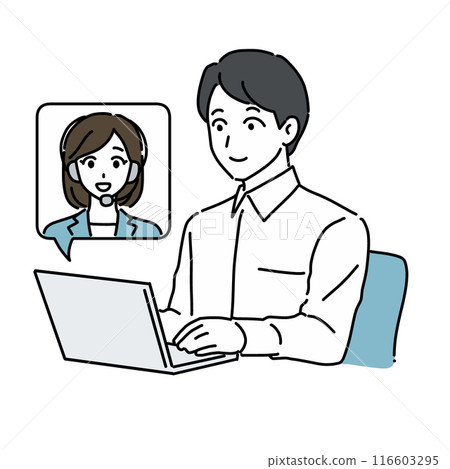 一名男子在電腦上與一名女操作員互動 116603295