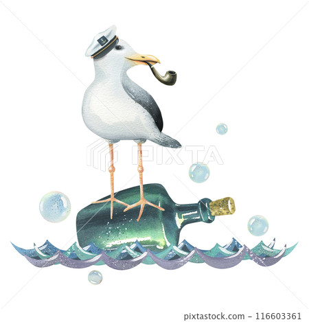 A sea gull with a tobacco pipe and a captain's cap floats through the waves on a glass bottle of rum. Hand drawn watercolor illustration. Composition isolated from background 116603361