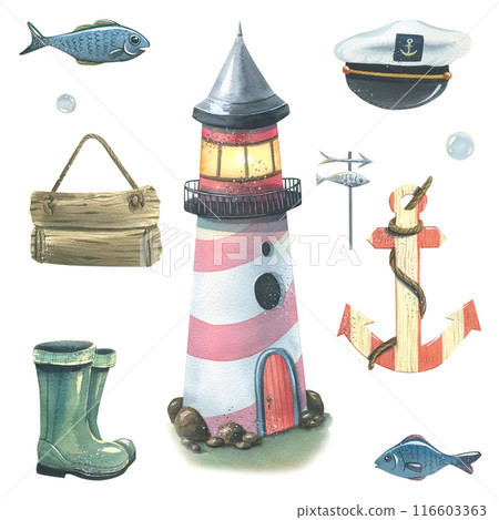 Striped lighthouse, fish, wooden board, rubber boots, captain's cap, anchor and bubbles. Hand drawn watercolor illustration on the theme of sea fishing. Set of elements isolated from background. 116603363