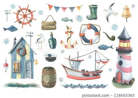 Sea fishing with a lighthouse, boat, cabin, steering wheel, anchor, lifebuoy, barrel, boots, fish and seagulls. Clip art Watercolor hand drawn illustration. Set of elements isolated from background. 116603365
