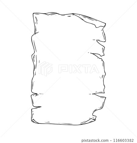 Parchment sheet of paper with old torn and curled edges. Line art is a simple hand-drawn illustration in black and white ink. Isolated vector EPS object. Parchment sheet of paper with old torn and curled edges. Line art is a simple hand-drawn illustration in black and white ink. Isolated vector EPS object. 116603382