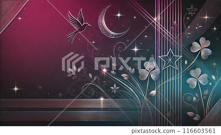 A pink and blue fantasy with a crescent moon and flying birds 116603561