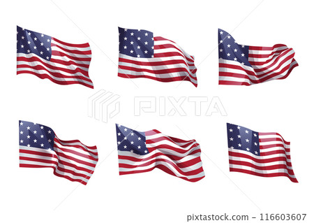 United states of america flag . Set of wavy US flag on isolated white background . Vector . 116603607