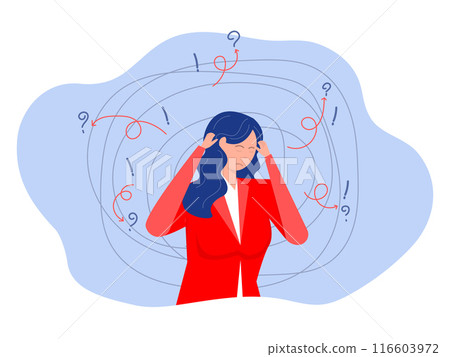woman suffers from obsessive thoughts, headache, unresolved issues, psychological trauma, depression.Mental stress panic mind disorder illustration Flat vector illustration. woman suffers from obsessive thoughts, headache, unresolved issues, psychological trauma, depression.Mental stress panic mind disorder illustration Flat vector illustration. 116603972