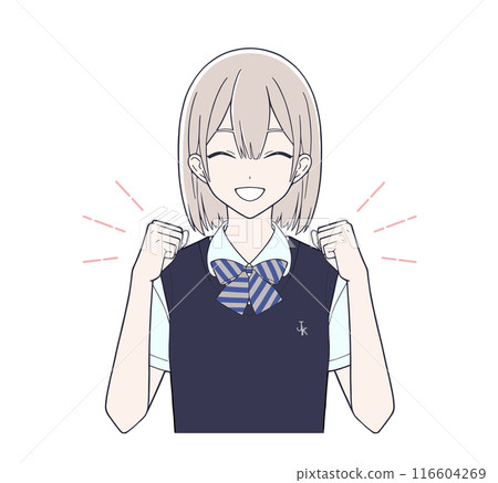 A cartoon-style illustration of a female student smiling and raising her fist A cartoon-style illustration of a female student smiling and raising her fist 116604269