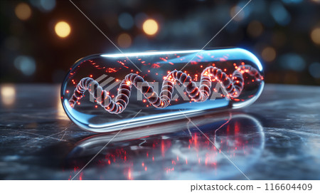 Transparent Capsule With DNA. Generative AI Transparent Capsule With DNA. Generative AI 116604409