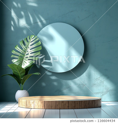Wooden Podium With Green Plant and Blue Wall. Generative AI Wooden Podium With Green Plant and Blue Wall. Generative AI 116604434