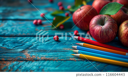 Red Apples and Colored Pencils on Blue Wood. Generative AI 116604443