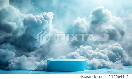 Blue Podium in Cloudy Sky. Generative AI 116604445