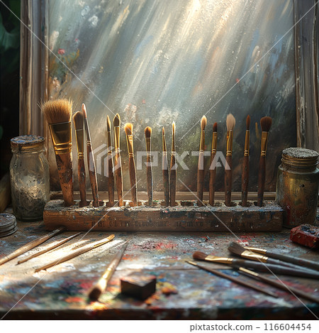 Artist's Brushes In Sunlight. Generative AI Artist's Brushes In Sunlight. Generative AI 116604454