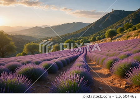 Lavender blooms in the field. sunset or sunrise over a lavender field. Lavender blooms in the field. sunset or sunrise over a lavender field. 116604462