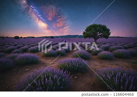 Lavender field at night, amazing landscape with starry sky, milky way and glow of sunrise 116604468