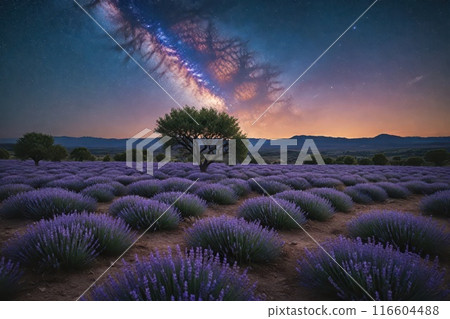 Lavender field at night, amazing landscape with starry sky, milky way and glow of sunrise Lavender field at night, amazing landscape with starry sky, milky way and glow of sunrise 116604488