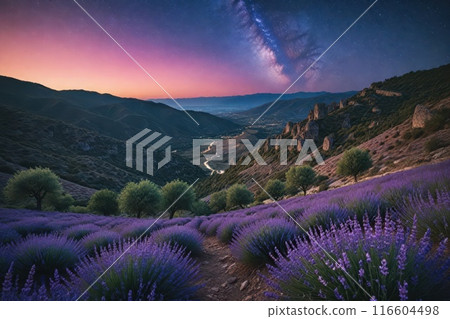 Lavender field at night, amazing landscape with starry sky, milky way and glow of sunrise 116604498