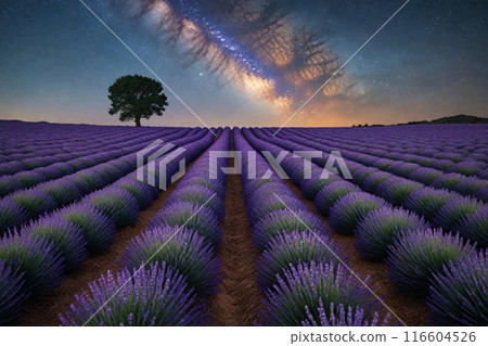 Lavender field at night, amazing landscape with starry sky, milky way and glow of sunrise 116604526