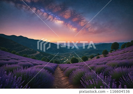 Lavender field at night, amazing landscape with starry sky, milky way and glow of sunrise Lavender field at night, amazing landscape with starry sky, milky way and glow of sunrise 116604536