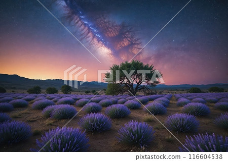 Lavender field at night, amazing landscape with starry sky, milky way and glow of sunrise Lavender field at night, amazing landscape with starry sky, milky way and glow of sunrise 116604538