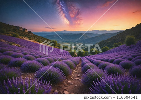 Lavender field at night, amazing landscape with starry sky, milky way and glow of sunrise Lavender field at night, amazing landscape with starry sky, milky way and glow of sunrise 116604541