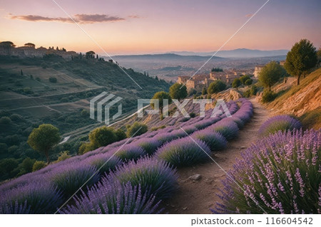Lavender blooms in the field. sunset or sunrise over a lavender field. 116604542