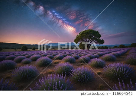Lavender field at night, amazing landscape with starry sky, milky way and glow of sunrise Lavender field at night, amazing landscape with starry sky, milky way and glow of sunrise 116604545
