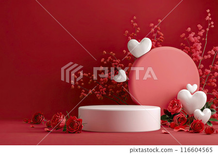 Empty white podium with hearts and rose flowers on red background. Mock up stand for product presentation. St valentines day promotion concept. Ai generative Empty white podium with hearts and rose flowers on red background. Mock up stand for product presentation. St valentines day promotion concept. Ai generative 116604565