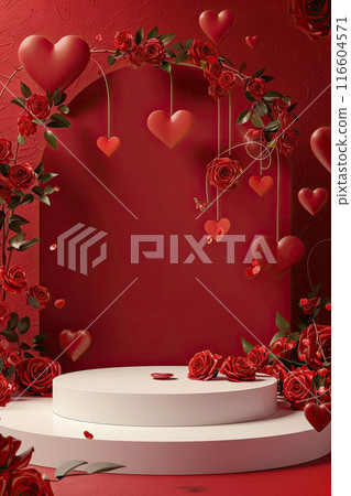 Empty white podium with hearts and rose flowers on red background. Mock up stand for product presentation. St valentines day promotion concept. Ai generative 116604571