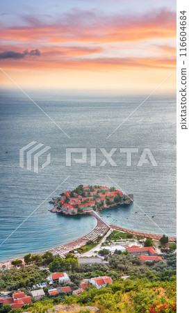 Captivating sunset view of Adriatic coast and islet Sveti Stefan from church st. Sava viewpoint near Budwa Captivating sunset view of Adriatic coast and islet Sveti Stefan from church st. Sava viewpoint near Budwa 116604684