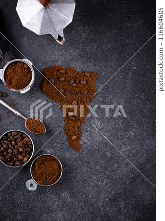 Grounded coffee and beans from South America Grounded coffee and beans from South America 116604685