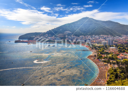 Captivating summer view of Adriatic sea coast and Budva city. 116604688