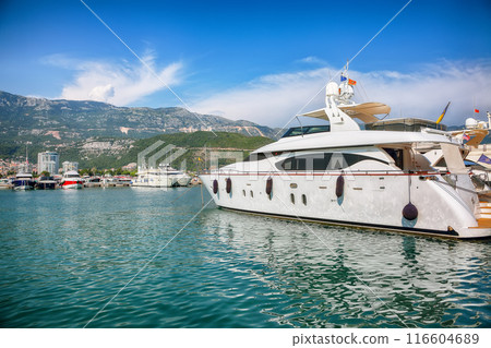 Captivating View of marine port with boats and yachts moored up in town Budva city 116604689