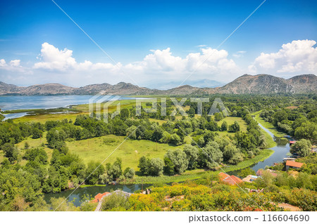 Captivating sunny morning view of valley of Moraca river from Zabljak Crnojevica Fortress. 116604690