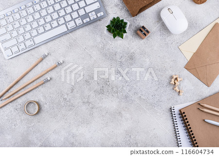 Top view work desk office workspace 116604734