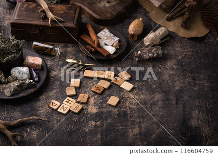 Esoteric magical background with runes. Esoteric magical background with runes. 116604759