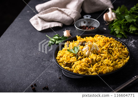 Pilaf, rice with vegetables and lamb meat 116604771