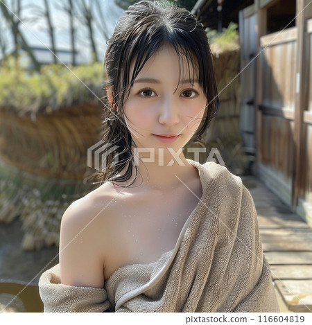 一位年輕日本女性在溫泉中放鬆的肖像 116604819