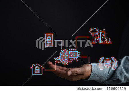 man holding smart AI chatbot and command prompt.Big data storage.Digital Artificial Intelligence technology disruption concept.We are implementing automated tech support and service in the business. 116604829