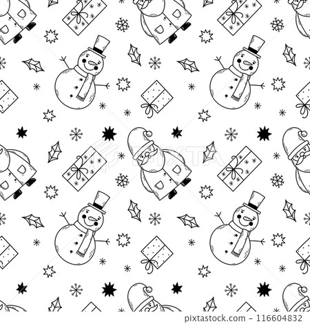 Christmas seamless pattern with Santa , snowmen and gifts. Line graphics, sketch style. 116604832