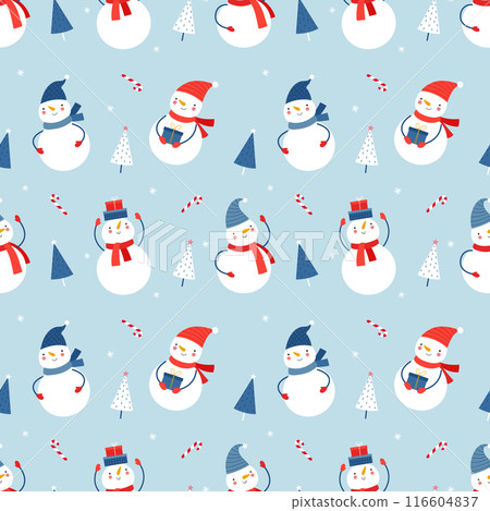 Seamless vector pattern with funny snowmen and Christmas trees. Winter seamless background in flat cartoon style. 116604837