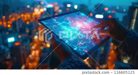 Person Using Tablet With Data Visualization in Busy City Street at Night 116605125
